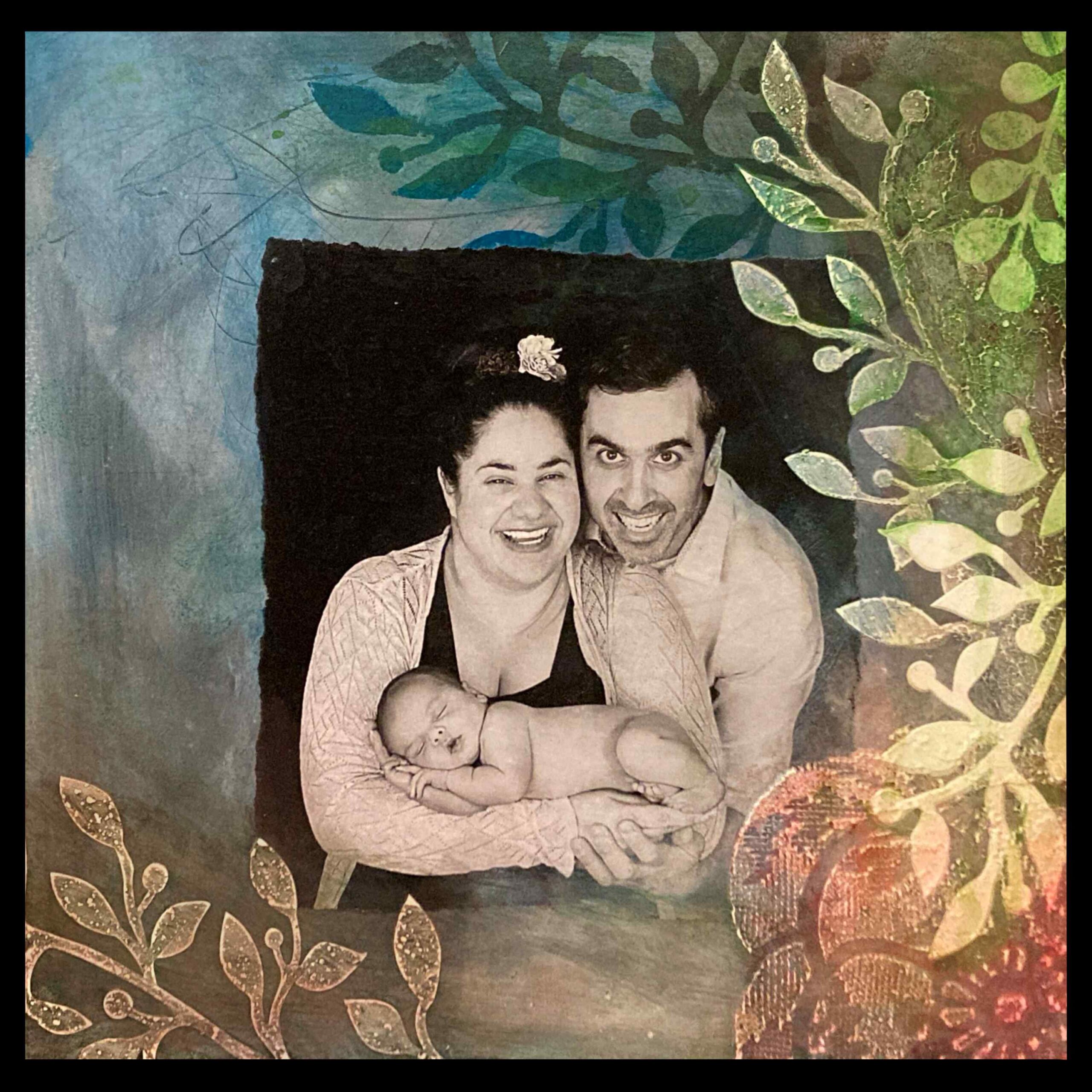 photo of Carmel with husband and baby, collaged into an acrylic painting