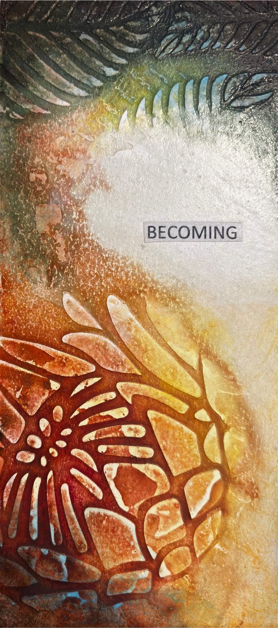 Acrylic painting by Carmel Joy featuring a textured protea flower and the word "becoming"
