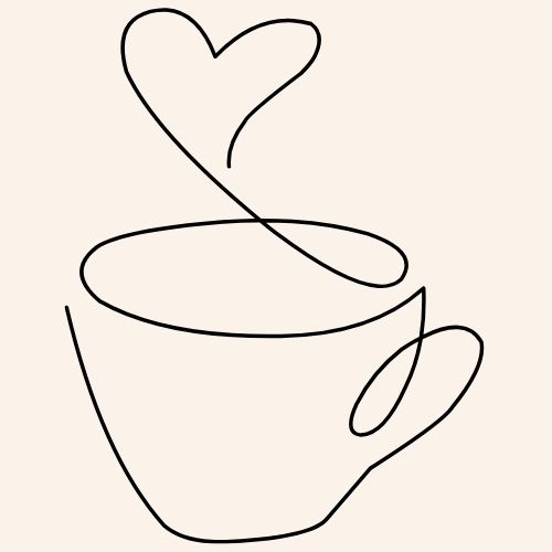 Line drawing of a cup of tea with heart shaped steam