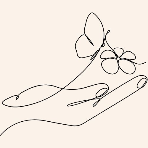 line drawing of hand holding a butterfly and flower