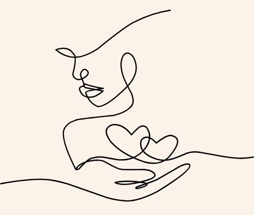 line drawing of a face and hand holding two hearts
